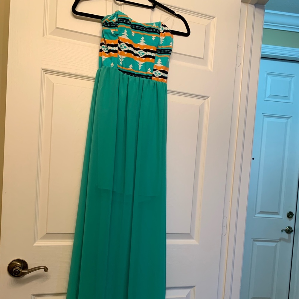Strapless sea foam green dress with sheer over lay